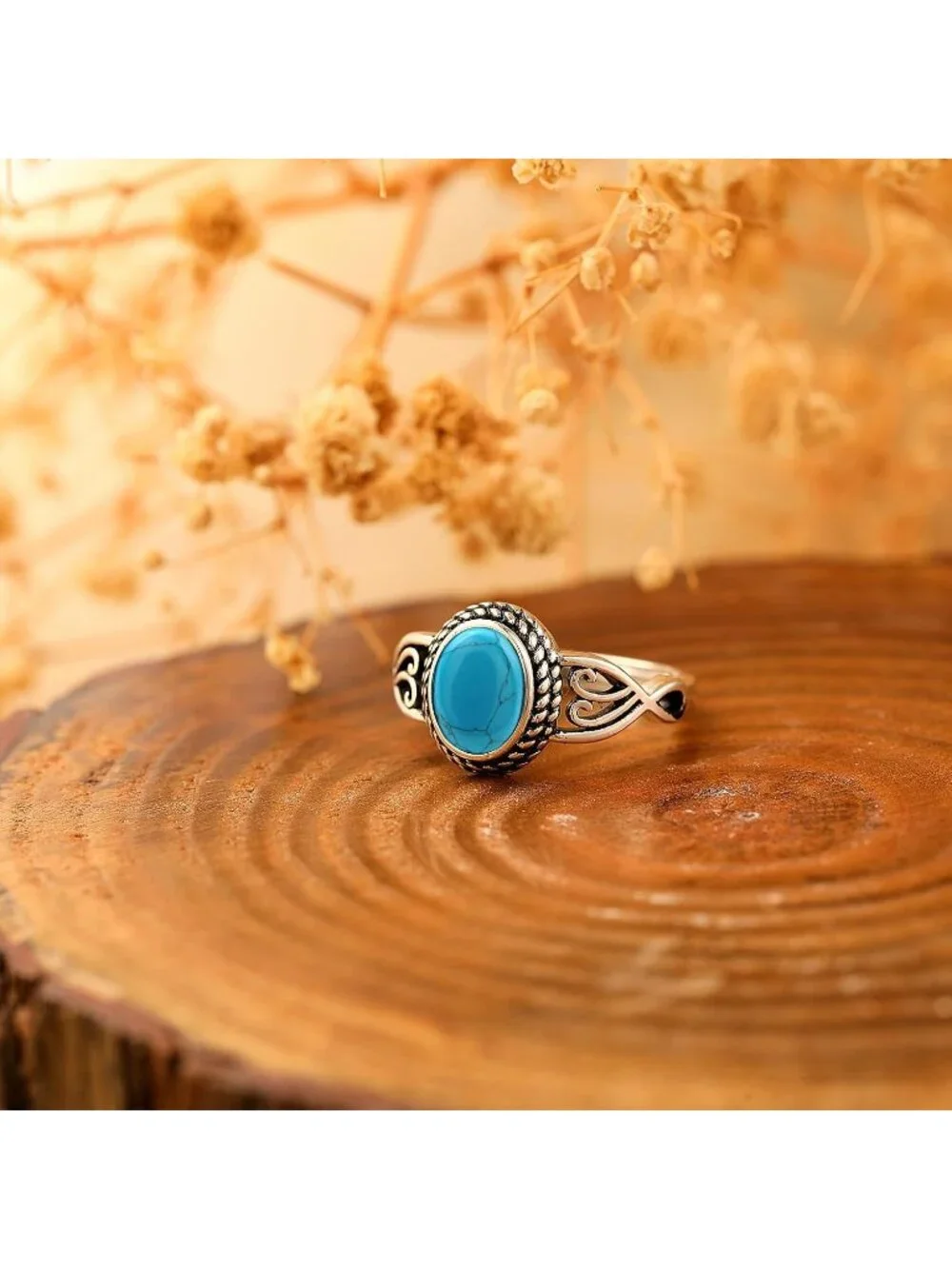 Women's Blue Turquoise 925 Sterling Silver Oval Adjustable Natural Stone Ring